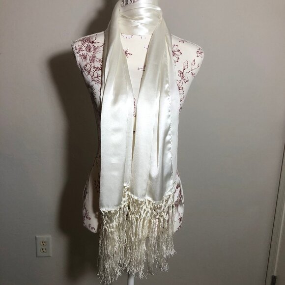 Elevate Your Elegance: The Pristine Satin Fringe Scarf - Picture 1 of 14